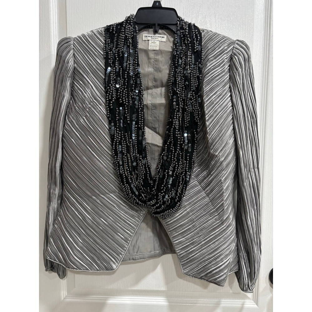 GEORGE F. COUTURE New York Silver Black Beaded Blazer Jacket Woman’s Size 12